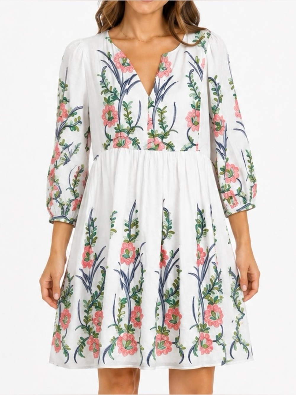 Les Souers Embroidered Floral Babydoll Dress